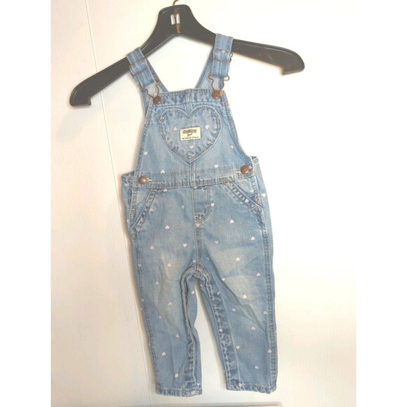 OshKosh Denim Overalls Hearts 12 Months Toddler Pink Blue Light Wash Baby Girl